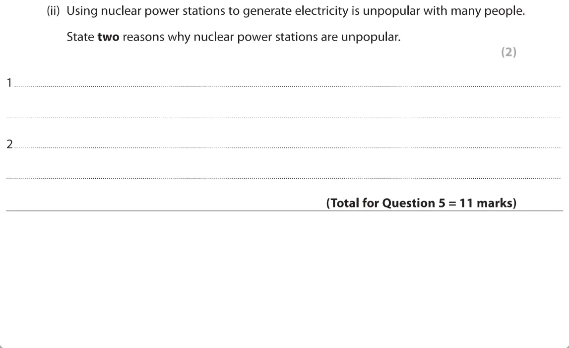 June 2019 Paper 1 Foundation, question 5(c)(ii): Using nuclear power stations to generate electricity is unpopular with many people. State two reasons why nuclear power stations are unpopular. (2) 1 2.