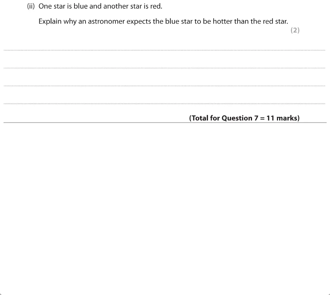June 2019 Paper 1 Foundation, question 7(c)(ii): One star is blue and another star is red. Explain why an astronomer expects the blue star to be hotter than the red star.