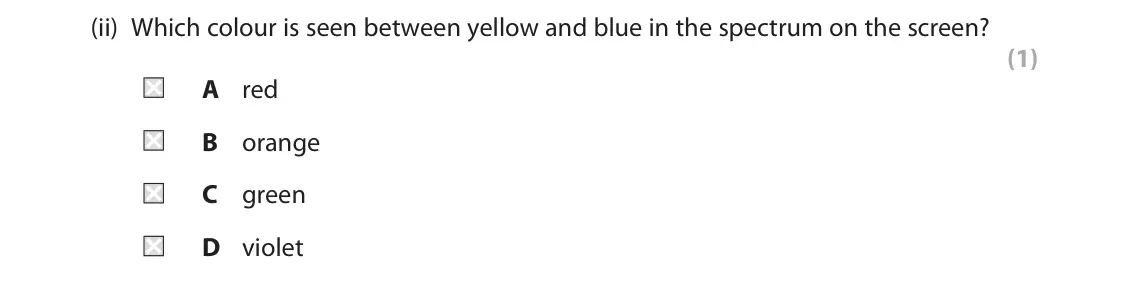 June 2022 Paper 1 Foundation, question 1(a)(ii): Which colour is seen between yellow and blue in the spectrum on the screen? (1) A red B orange C green D violet