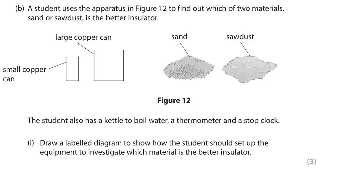 June 2022 Paper 1 Foundation, question 8(b)(i): Draw a labelled diagram to show how the student should set up the equipment to investigate which material is the better insulator. (3)
