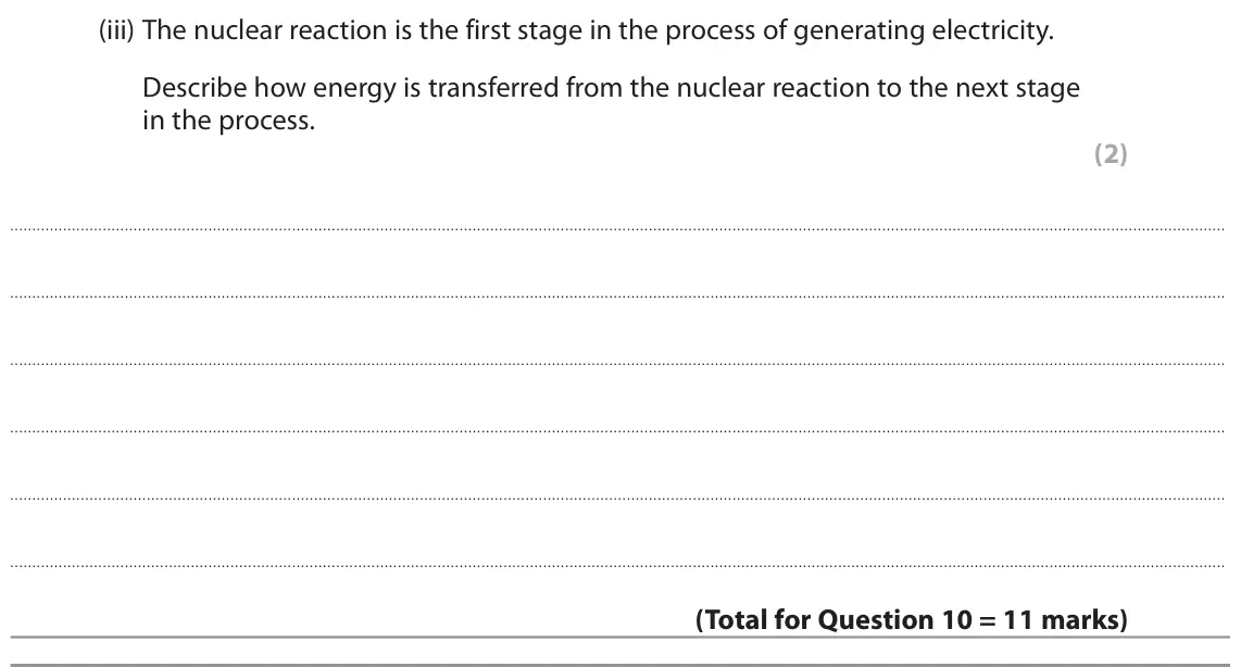 June 2022 Paper 1 Foundation, question 10(b)(iii): The nuclear reaction is the first stage in the process of generating electricity. Describe how energy is transferred from the nuclear reaction to the next stage