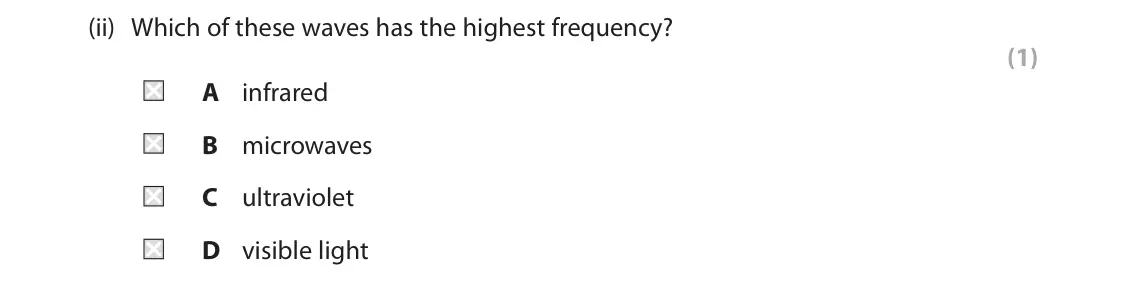 June 2023 Paper 1 Foundation, question 1(a)(ii): Which of these waves has the highest frequency? (1) A infrared B microwaves C ultraviolet D visible light