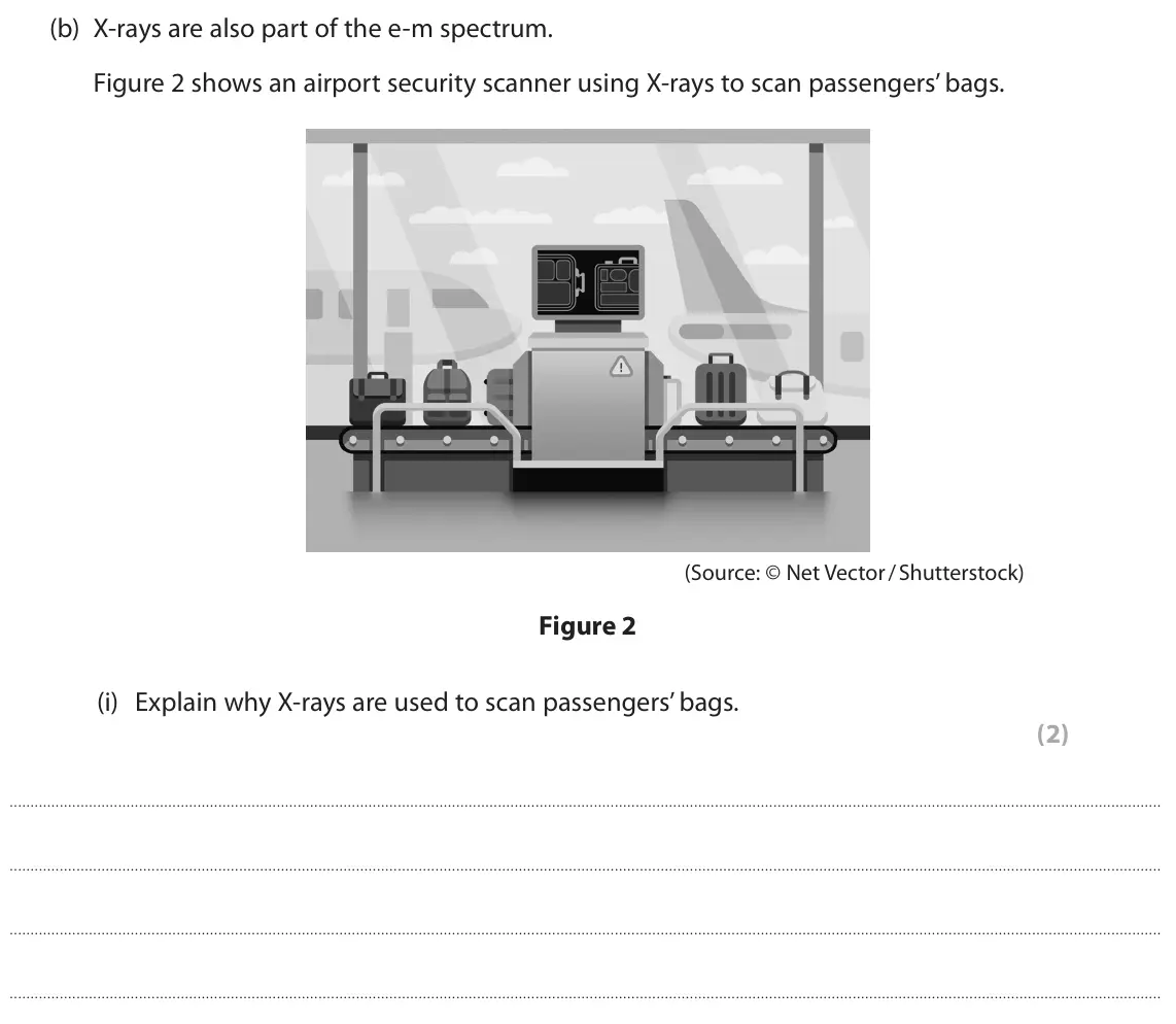 June 2023 Paper 1 Foundation, question 1(b)(i): Explain why X-rays are used to scan passengers’ bags. (2)