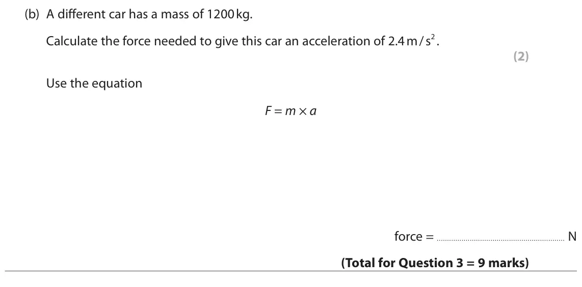 June 2023 Paper 1 Foundation, question 3(b): A different car has a mass of 1200 kg. Calculate the force needed to give this car an acceleration of 2.4 m / s2 . (2) Use the equation F = m × a force = N