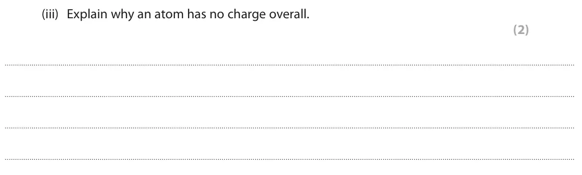 June 2023 Paper 1 Foundation, question 4(a)(iii): Explain why an atom has no charge overall. (2)