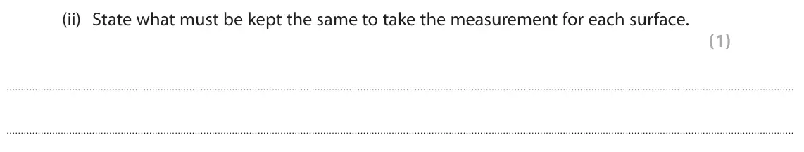 June 2023 Paper 1 Foundation, question 6(a)(ii): State what must be kept the same to take the measurement for each surface. (1)