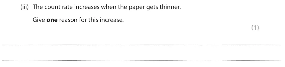 June 2023 Paper 1 Foundation, question 7(c)(iii): The count rate increases when the paper gets thinner. Give one reason for this increase. (1)