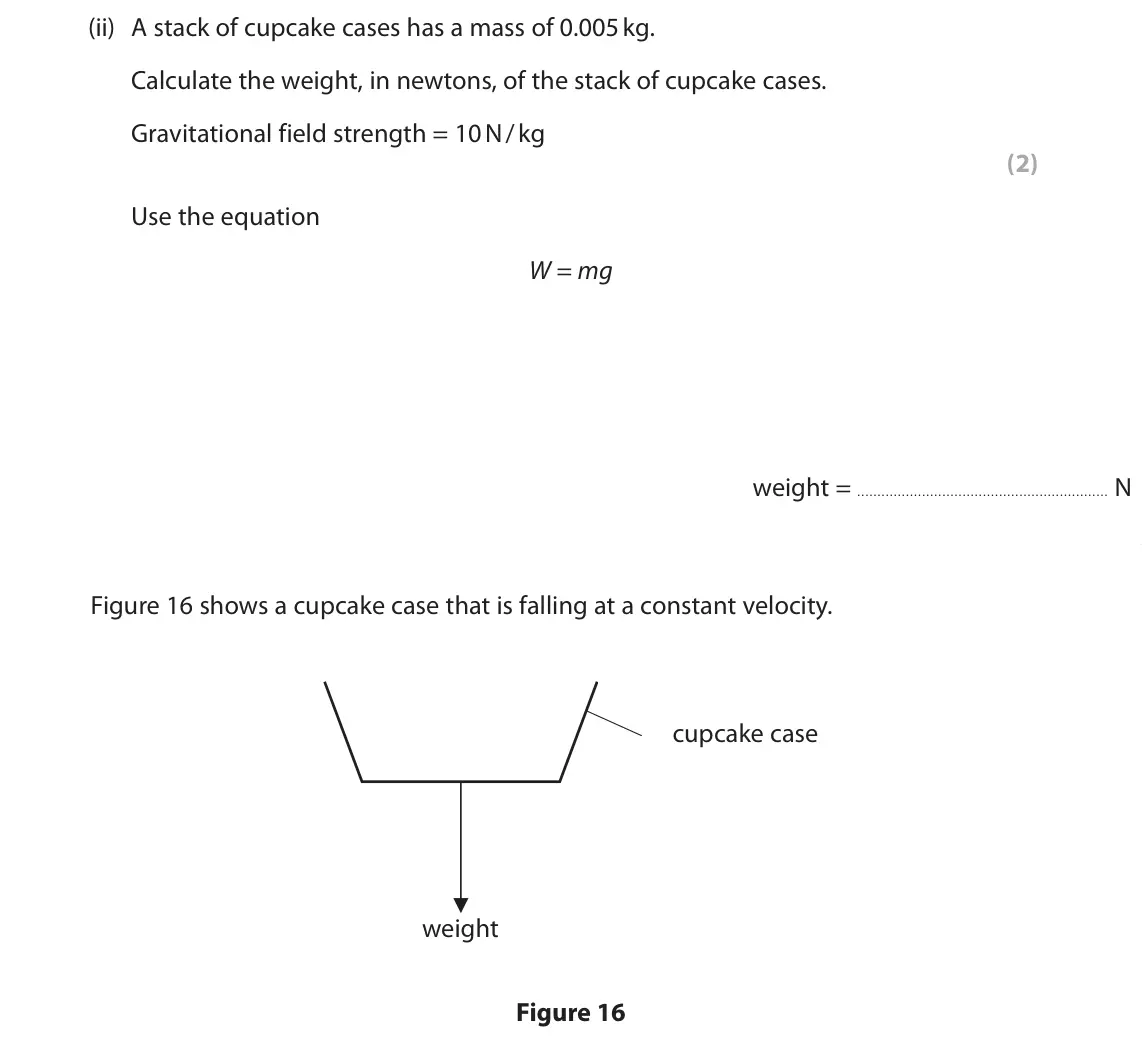 June 2023 Paper 1 Foundation, question 8(b)(ii): A stack of cupcake cases has a mass of 0.005 kg. Calculate the weight, in newtons, of the stack of cupcake cases. Gravitational field strength = 10 N / kg (2) U