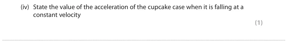 June 2023 Paper 1 Foundation, question 8(b)(iv): State the value of the acceleration of the cupcake case when it is falling at a constant velocity (1)