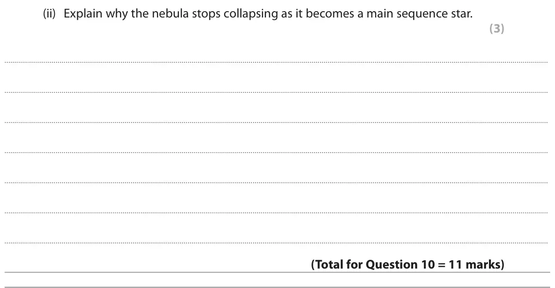 June 2023 Paper 1 Foundation, question 10(d)(ii): Explain why the nebula stops collapsing as it becomes a main sequence star. (3)