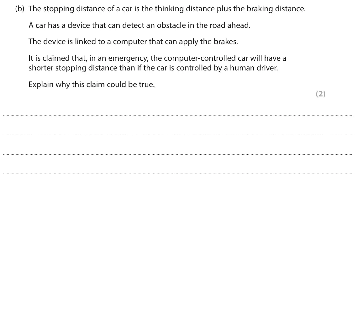 June 2024 Paper 1 Foundation, question 4(b): The stopping distance of a car is the thinking distance plus the braking distance. A car has a device that can detect an obstacle in the road ahead. The device