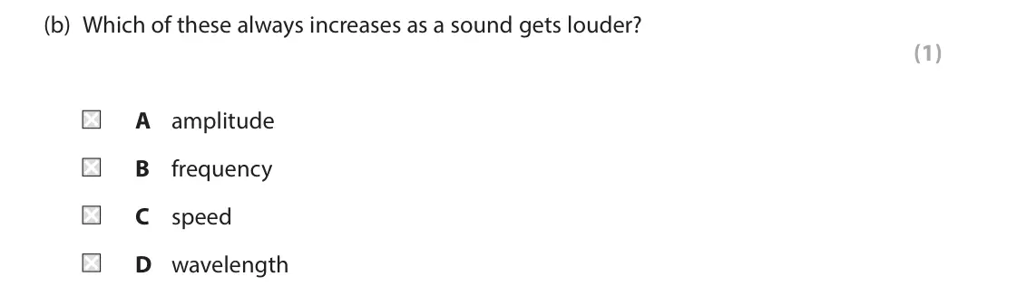 June 2024 Paper 1 Foundation, question 5(b): Which of these always increases as a sound gets louder? (1) A amplitude B frequency C speed D wavelength