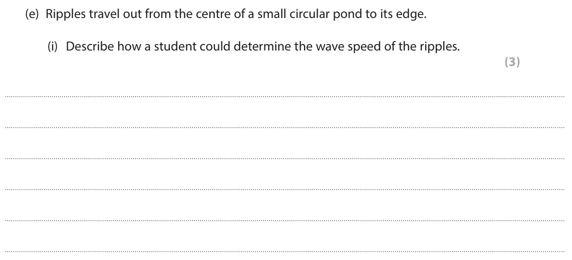 June 2024 Paper 1 Foundation, question 5(e)(i): Describe how a student could determine the wave speed of the ripples. (3)