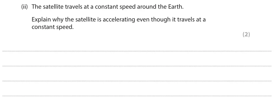 June 2024 Paper 1 Foundation, question 7(a)(ii): The satellite travels at a constant speed around the Earth. Explain why the satellite is accelerating even though it travels at a constant speed. (2)