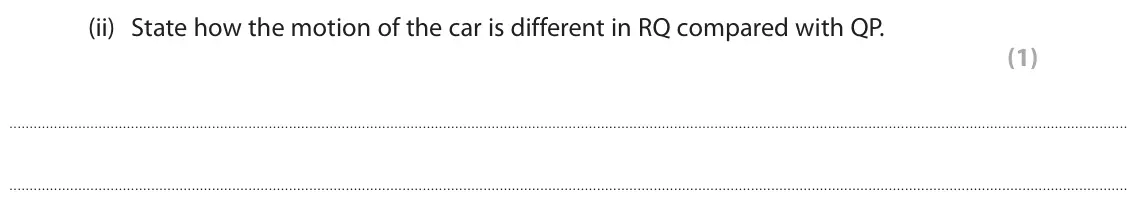 June 2025 Paper 1 Foundation, question 3(a)(ii): State how the motion of the car is different in RQ compared with QP. (1)
