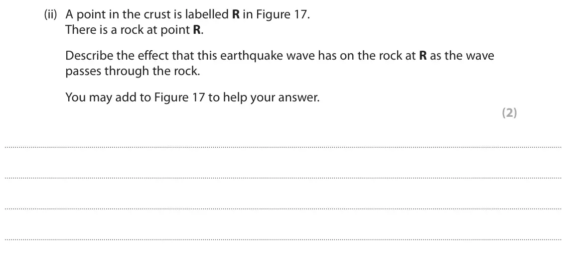 June 2025 Paper 1 Foundation, question 9(b)(ii): A point in the crust is labelled R in Figure 17. There is a rock at point R. Describe the effect that this earthquake wave has on the rock at R as the wave pass