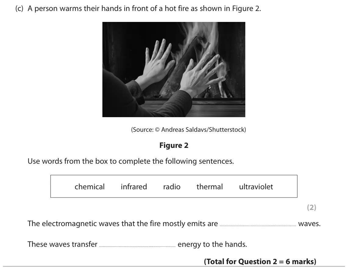 November 2021 Paper 1 Foundation, question 2(c): A person warms their hands in front of a hot fire as shown in Figure 2. (Source: © Andreas Saldavs/Shutterstock) Figure 2 Use words from the box to complete the