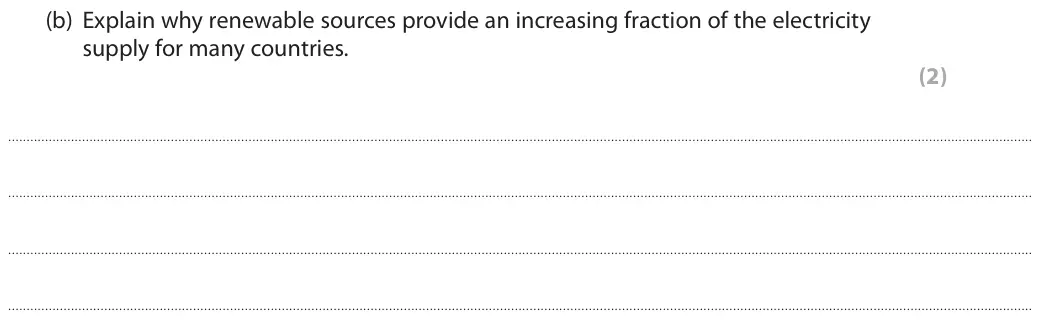 June 2018 Paper 1 Higher, question 7(b): Explain why renewable sources provide an increasing fraction of the electricity supply for many countries. (2)