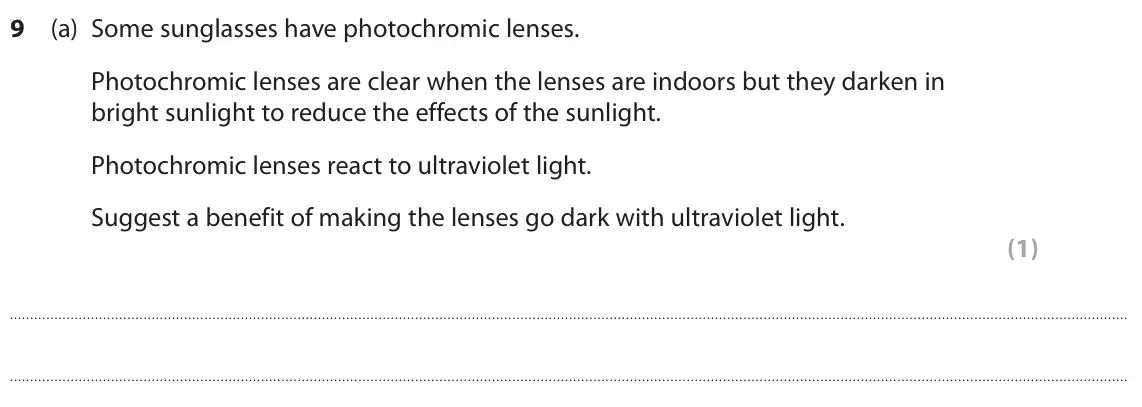 June 2019 Paper 1 Higher, question 9(a): Some sunglasses have photochromic lenses. Photochromic lenses are clear when the lenses are indoors but they darken in bright sunlight to reduce the effects of