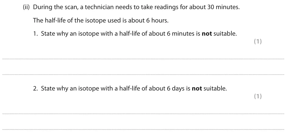 June 2022 Paper 1 Higher, question 4(a)(ii): During the scan, a technician needs to take readings for about 30 minutes. The half‑life of the isotope used is about 6 hours. 1. State why an isotope with a ha