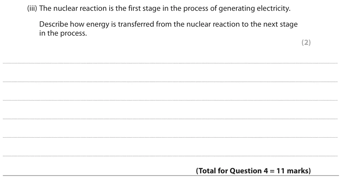 June 2022 Paper 1 Higher, question 4(b)(iii): The nuclear reaction is the first stage in the process of generating electricity. Describe how energy is transferred from the nuclear reaction to the next stage