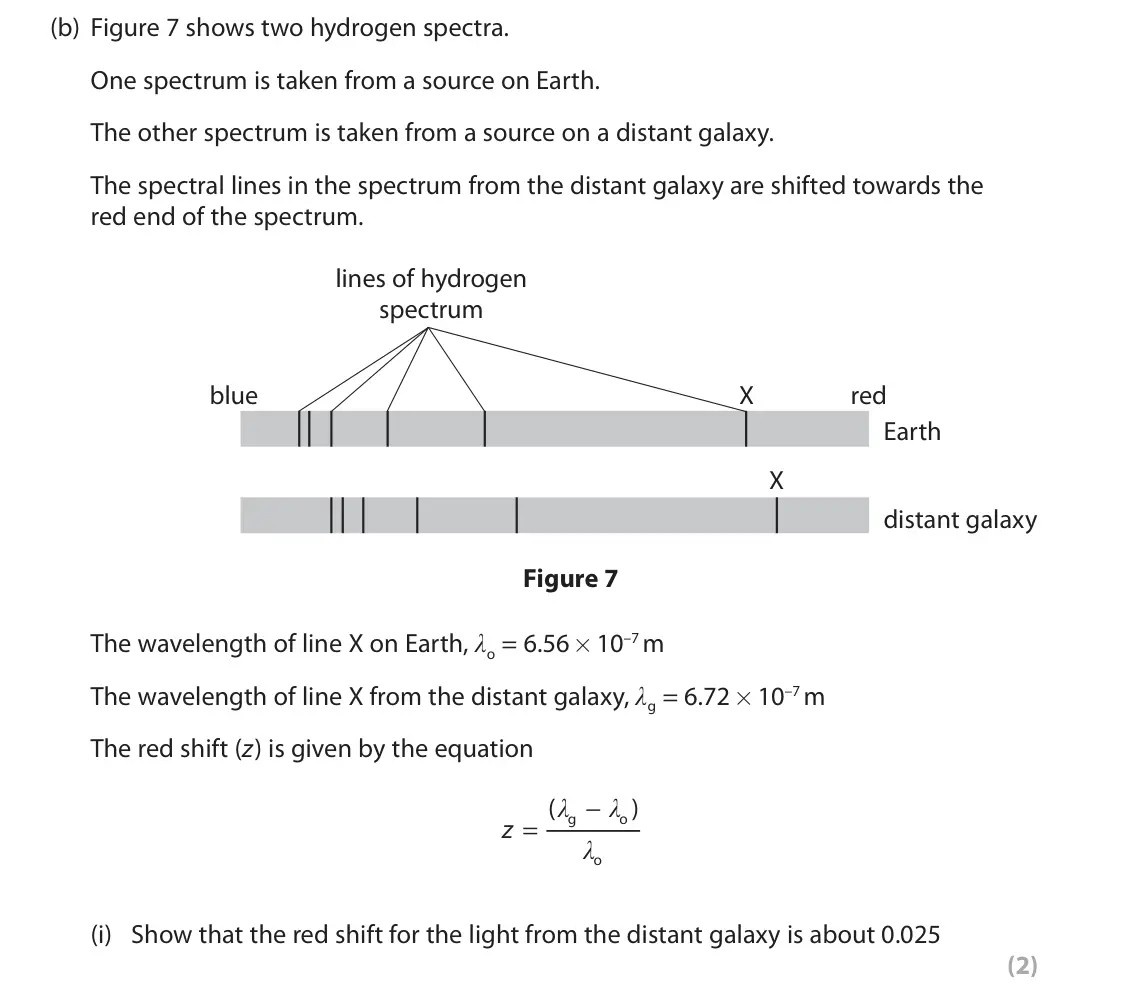 June 2022 Paper 1 Higher, question 6(b)(i): Show that the red shift for the light from the distant galaxy is about 0.025 (2)