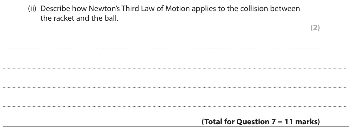 June 2022 Paper 1 Higher, question 7(c)(ii): Describe how Newton’s Third Law of Motion applies to the collision between the racket and the ball. (2)