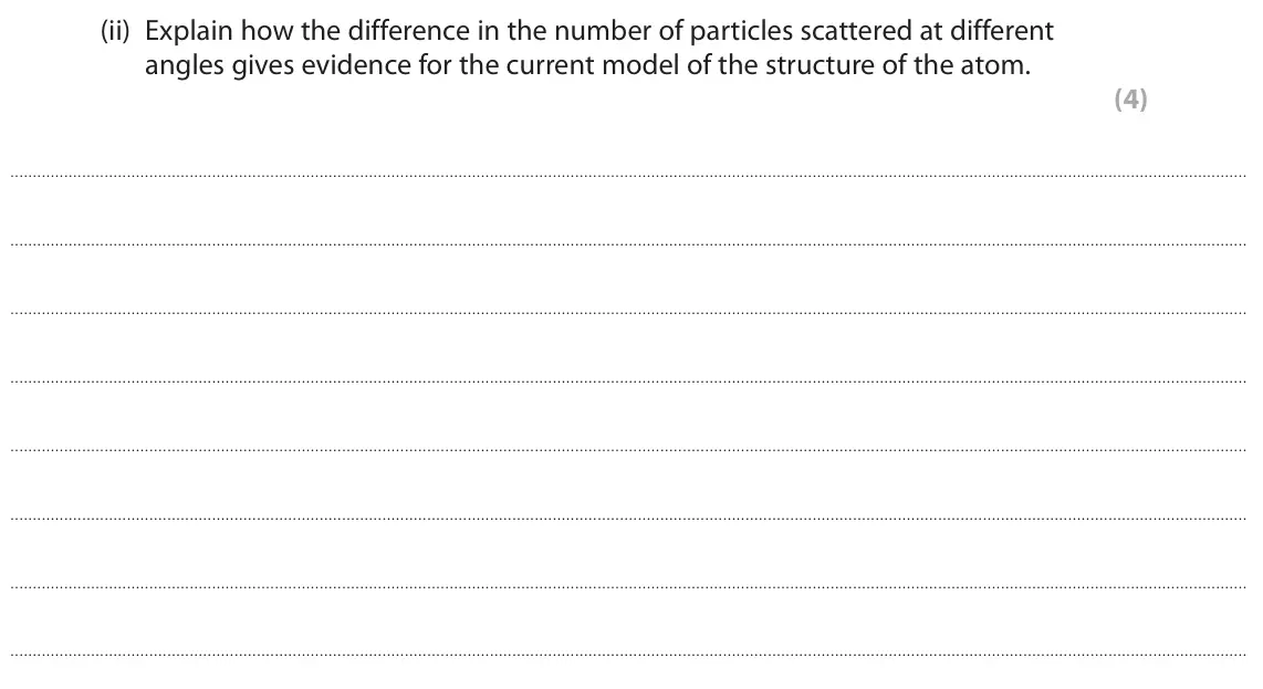 June 2022 Paper 1 Higher, question 8(b)(ii): Explain how the difference in the number of particles scattered at different angles gives evidence for the current model of the structure of the atom. (4)