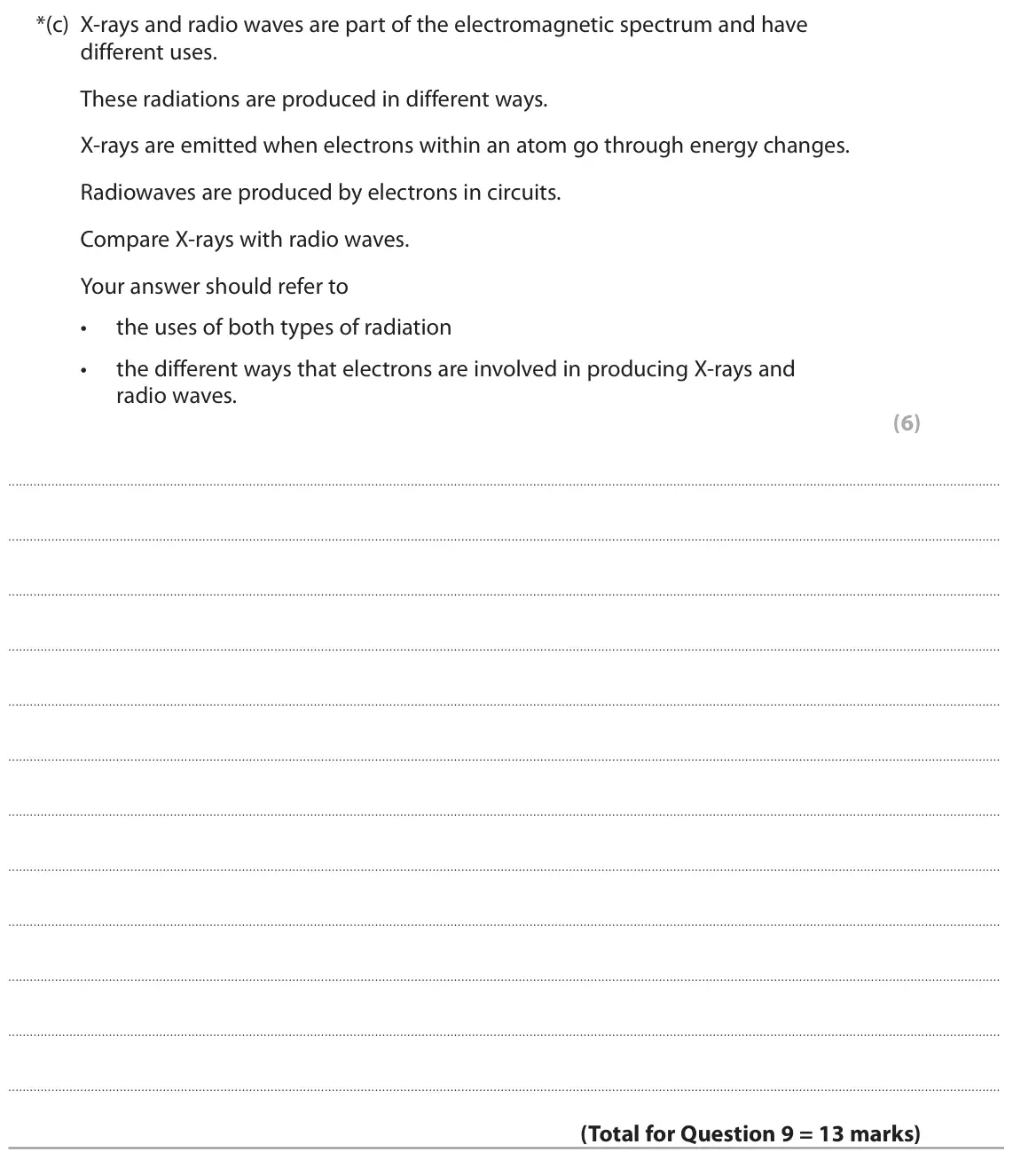 June 2022 Paper 1 Higher, question 9(c): X-rays and radio waves are part of the electromagnetic spectrum and have different uses. These radiations are produced in different ways. X-rays are emitted whe