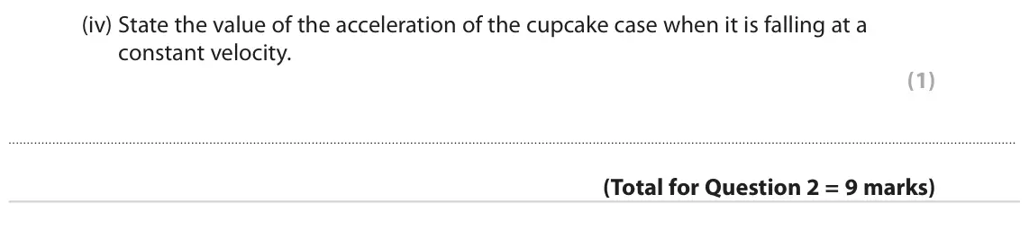 June 2023 Paper 1 Higher, question 2(b)(iv): State the value of the acceleration of the cupcake case when it is falling at a constant velocity. (1)