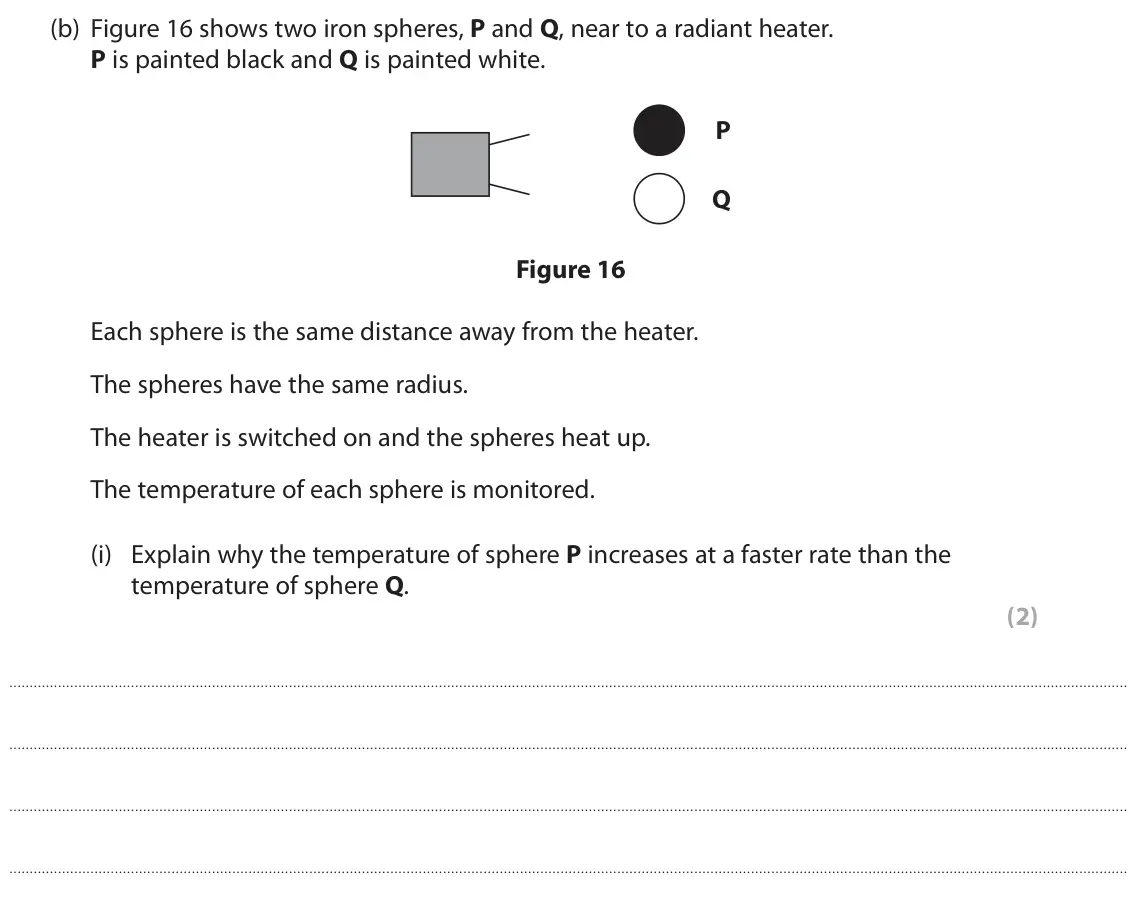 June 2023 Paper 1 Higher, question 8(b)(i): Explain why the temperature of sphere P increases at a faster rate than the temperature of sphere Q. (2)