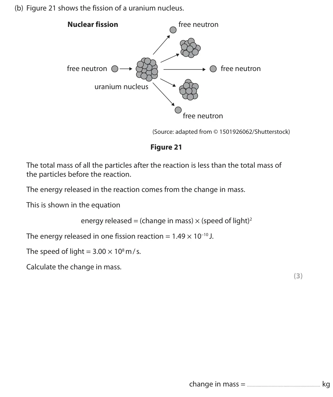 June 2023 Paper 1 Higher, question 10(b): Figure 21 shows the fission of a uranium nucleus. Nuclear fission free neutron free neutron free neutron uranium nucleus free neutron (Source: adapted from © 15
