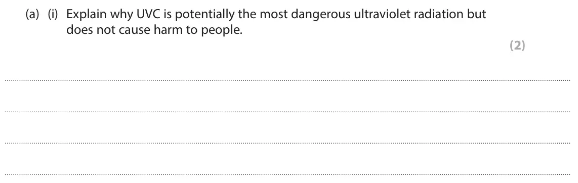 June 2024 Paper 1 Higher, question 5(a)(i): Explain why UVC is potentially the most dangerous ultraviolet radiation but does not cause harm to people. (2)