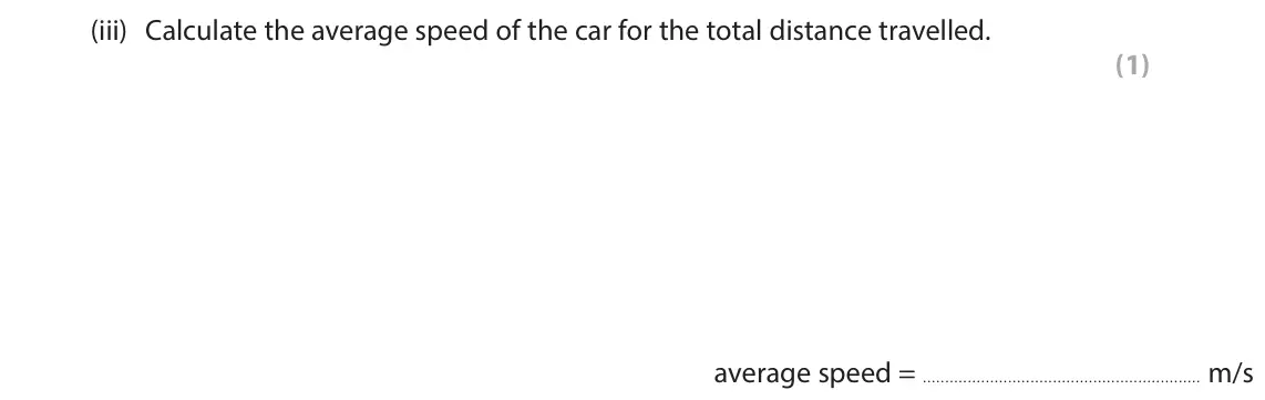 June 2024 Paper 1 Higher, question 7(a)(iii): Calculate the average speed of the car for the total distance travelled. (1)  average speed = m/s