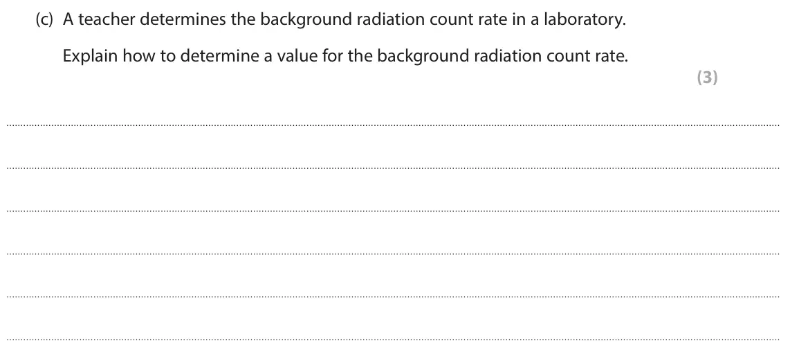 June 2024 Paper 1 Higher, question 8(c): A teacher determines the background radiation count rate in a laboratory. Explain how to determine a value for the background radiation count rate. (3)