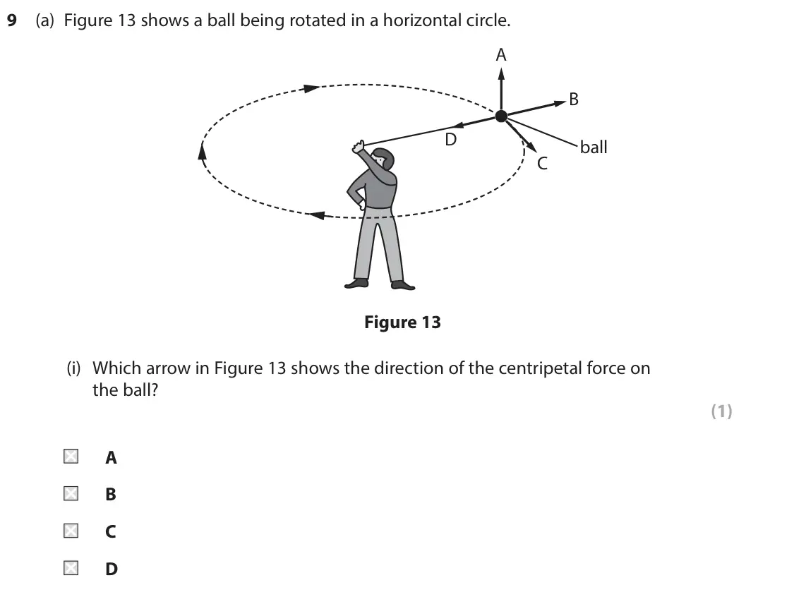 June 2024 Paper 1 Higher, question 9(a)(i): Which arrow in Figure 13 shows the direction of the centripetal force on the ball? (1) A B C D