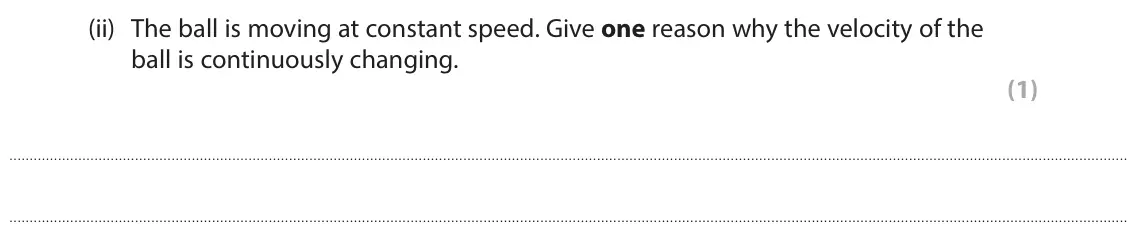 June 2024 Paper 1 Higher, question 9(a)(ii): The ball is moving at constant speed. Give one reason why the velocity of the ball is continuously changing. (1)