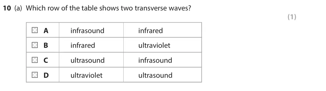 June 2024 Paper 1 Higher, question 10(a): Which row of the table shows two transverse waves? (1) A infrasound infrared B infrared ultraviolet C ultrasound infrasound D ultraviolet ultrasound