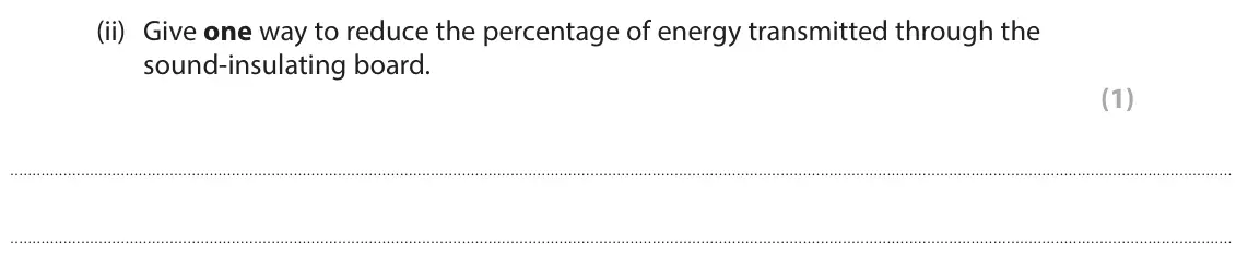 June 2024 Paper 1 Higher, question 10(b)(ii): Give one way to reduce the percentage of energy transmitted through the sound-insulating board. (1)