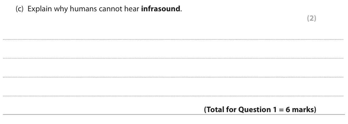 June 2025 Paper 1 Higher, question 1(c): Explain why humans cannot hear infrasound. (2)