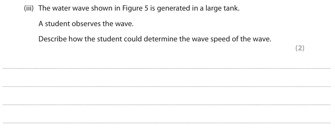 June 2025 Paper 1 Higher, question 3(a)(iii): The water wave shown in Figure 5 is generated in a large tank. A student observes the wave. Describe how the student could determine the wave speed of the wave.
