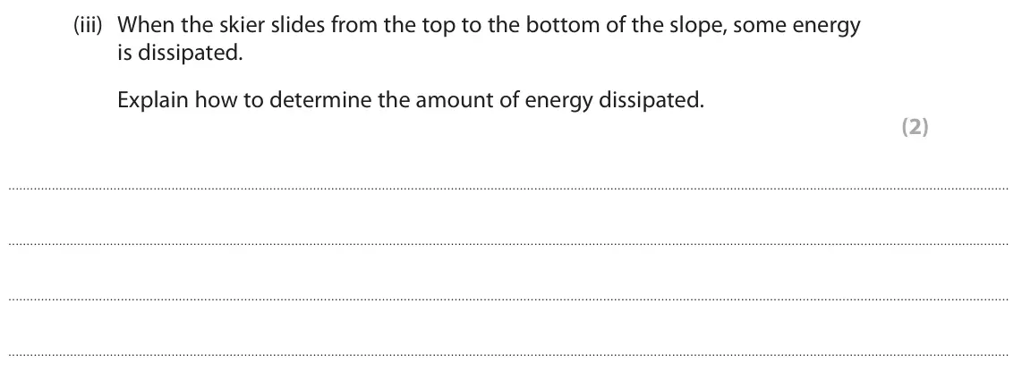 June 2025 Paper 1 Higher, question 6(a)(iii): When the skier slides from the top to the bottom of the slope, some energy is dissipated. Explain how to determine the amount of energy dissipated. (2)