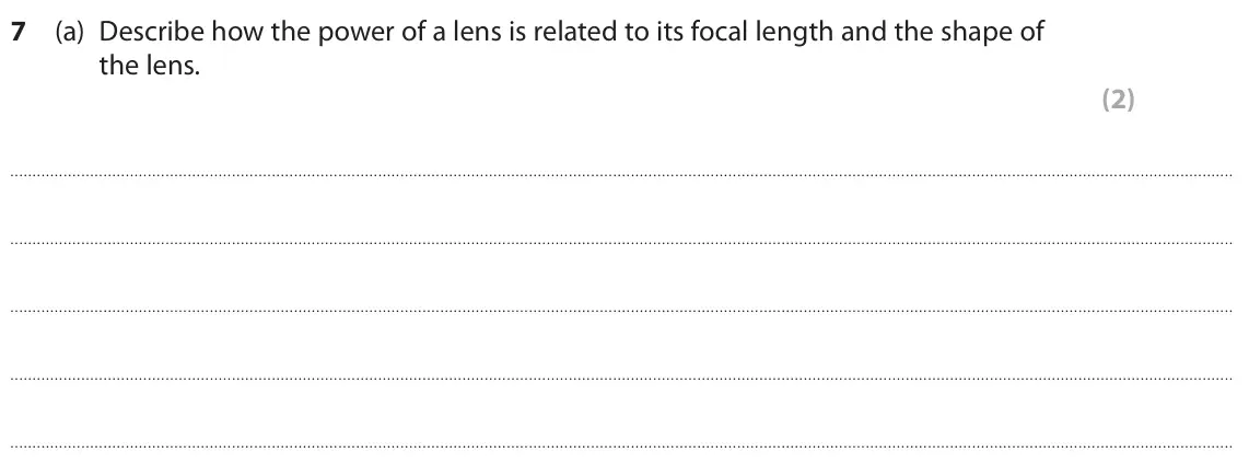 June 2025 Paper 1 Higher, question 7(a): Describe how the power of a lens is related to its focal length and the shape of the lens. (2)