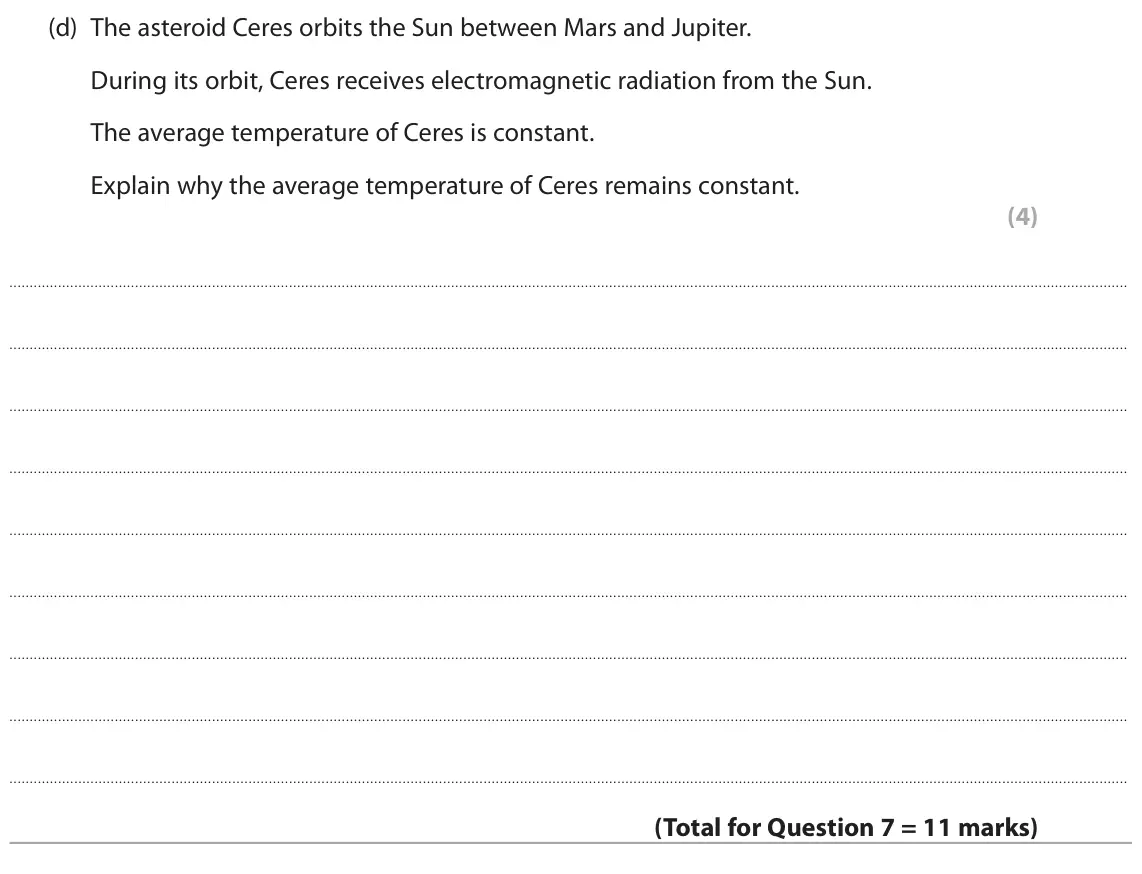 June 2025 Paper 1 Higher, question 7(d): The asteroid Ceres orbits the Sun between Mars and Jupiter. During its orbit, Ceres receives electromagnetic radiation from the Sun. The average temperature of 