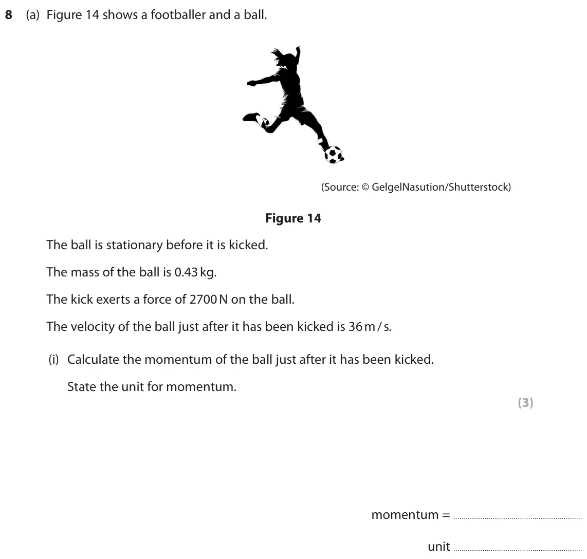 June 2025 Paper 1 Higher, question 8(a)(i): Calculate the momentum of the ball just after it has been kicked. State the unit for momentum. (3) momentum = unit