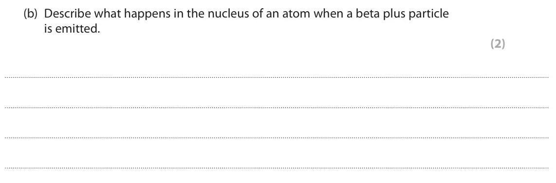 June 2025 Paper 1 Higher, question 9(b): Describe what happens in the nucleus of an atom when a beta plus particle is emitted. (2)
