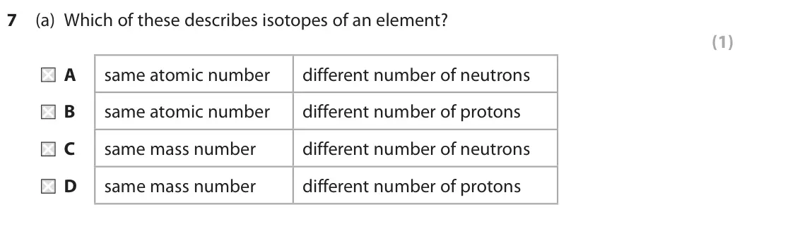 November 2020 Paper 1 Higher, question 7(a): Which of these describes isotopes of an element? (1) A same atomic number different number of neutrons B same atomic number different number of protons C same m
