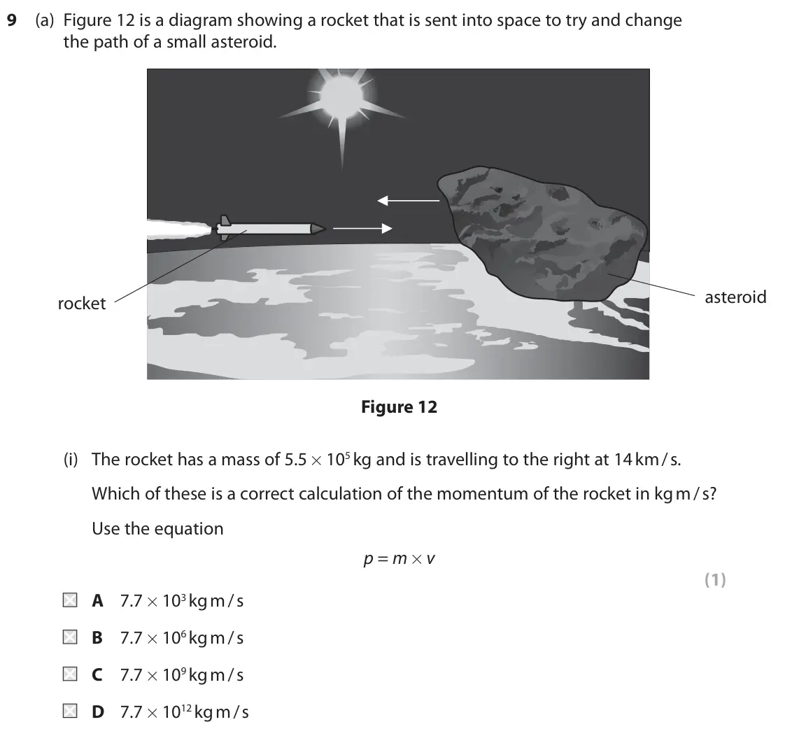 November 2020 Paper 1 Higher, question 9(a)(i): The rocket has a mass of 5.5 × 105 kg and is travelling to the right at 14 km / s. Which of these is a correct calculation of the momentum of the rocket in kg m
