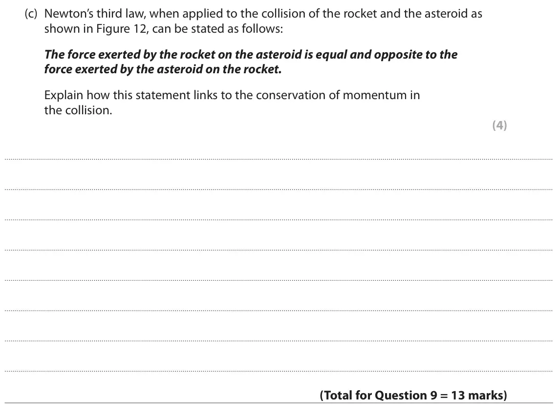 November 2020 Paper 1 Higher, question 9(c): Newton’s third law, when applied to the collision of the rocket and the asteroid as shown in Figure 12, can be stated as follows: The force exerted by the rocke