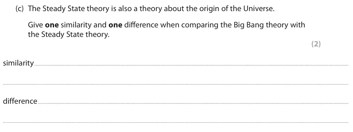 November 2021 Paper 1 Higher, question 4(c): The Steady State theory is also a theory about the origin of the Universe. Give one similarity and one difference when comparing the Big Bang theory with the St